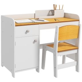 Conjunto de escritorio infantil de 2 piezas con silla, mesa, cajón y armario blanco y natural