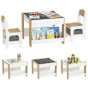 Juego de mesa y 2 sillas infantiles 3 en 1 con pizarra, cajones de tela y almacenamiento blanco y natural