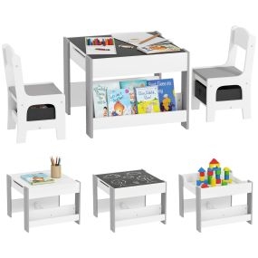 Juego de mesa y 2 sillas infantiles 3 en 1 con pizarra, cajones de tela y almacenamiento blanco y gris