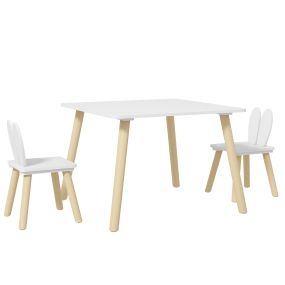 Juego de mesa infantil con 2 sillas con respaldo de orejas de conejo blanco