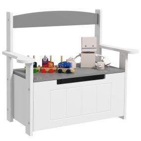 Baúl infantil para juguetes con banco, respaldo y tapa amortiguadora, 68,5x34x58 cm, gris y blanco