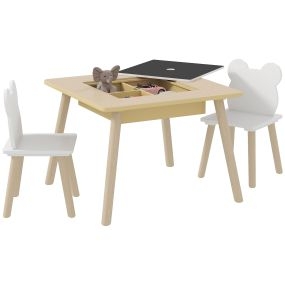 Juego de mesa infantil de madera con 2 sillas, pizarra, respaldo de osito y compartimentos, natural y blanco