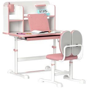 Juego de Escritorio y Silla para Niños de +3 Años, Pupitre Infantil Altura Ajustable con Tablero Inclinable, Cajón y Estantes, Respaldo Acolchado, para Libros, 80x55x107,5 cm, Rosa