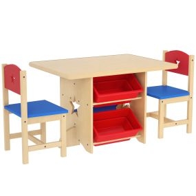 Mesa infantil con 2 sillas y 4 cestas de almacenamiento natural para niños +3 años