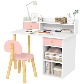 Juego de escritorio y silla infantil +3 años con cajones, compartimento y estantes rosa y blanco
