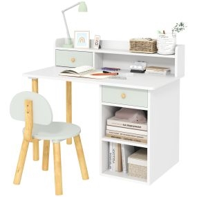Juego de escritorio y silla infantil +3 años con cajones, compartimento y estantes verde y blanco
