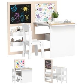 Mesa y silla infantil 2 piezas con caballete plegable, estantes y rollo de papel, blanco