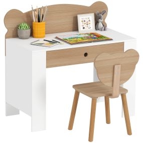 Escritorio infantil con silla en forma de osito y cajón color natural