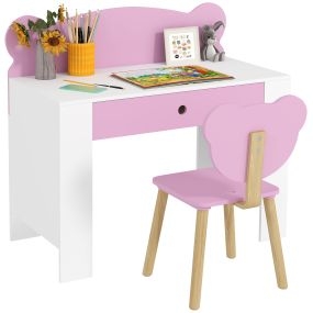 Escritorio Infantil con Silla en Forma de Osito Pupitre Infantil con Cajón para Estudiar Leer y Dibujar Mesa para Niños para Dormitorio Sala Estudio Rosa