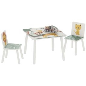 Mesa y sillas infantiles de 3 piezas de madera de pino con dibujos de leones, verde