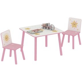 Mesa y 2 sillas infantiles de madera de pino con dibujos de estrella rosa para +3 años