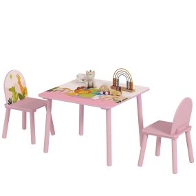 Mesa infantil con 2 sillas estampado de animales rosa para niños de 3 a 8 años