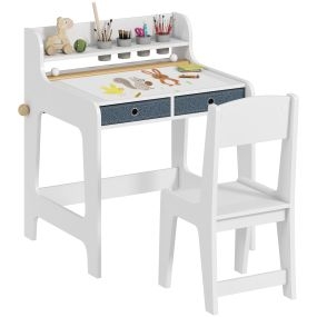 Escritorio infantil con silla, 2 cajones, estante y portavasos, blanco
