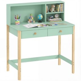 Escritorio infantil verde con 3 compartimentos y 2 cajones, patas de madera, 90x52x105 cm