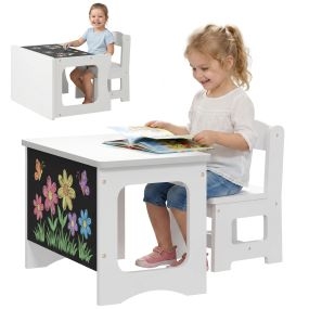 Mesa Infantil con Silla, Tablero Reversible, Mesa y Silla Infantil con Pizarra para Dibujo, para Niños y Niñas de 3-6 Años, para Estudio, Guardería, Aulas, Blanco