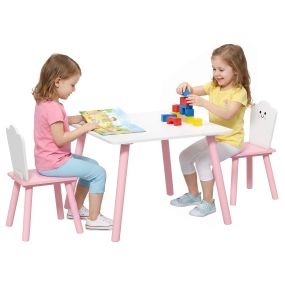 Mesa Infantil con 2 Sillas, Mesa y Sillas Infantil con Patas de Madera, Tema Algodón de Azúcar, para Niños y Niñas de 3-6 Años, para Hogar, Guardería, Aulas, Rosa