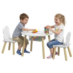 Mesa Infantil con 2 Sillas, Mesa y Sillas Infantil con Bolsa de Malla, Tema de Nube, para Niños y Niñas de 3-6 Años, para Hogar, Guardería, Aulas, Blanco