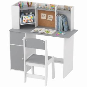 Escritorio Infantil con Silla, Pupitre Infantil con Soporte Ajustable para Tablet, Portalápices, Tablero de Corcho, Estantes, Armarios, para Niños de 5-12 Años, para Dormitorio, Estudio, Gris