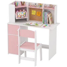 Escritorio Infantil con Silla, Pupitre Infantil con Soporte Ajustable para Tablet, Portalápices, Tablero de Corcho, Estantes, Armarios, para Niños de 5-12 Años, para Dormitorio, Estudio, Rosa