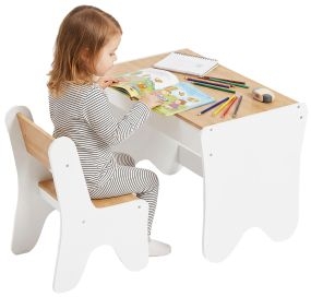 Juego de Mesa Infantil con Silla con Cajón, Mesa y Silla Infantil Montessori, para Niños y Niñas de 3 a 8 Años, para Estudio, Guardería, Aulas, Blanco y Madera Natural
