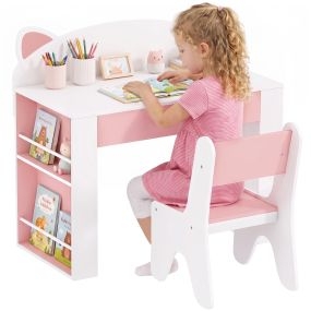 Juego de Mesa Infantil con Silla con Cajón y 4 Estantes Laterales, Mesa y Silla Infantil Montessori, Diseño de Orejitas de Zorro, para 3-8 Años, para Estudio, Guardería, Aulas, Blanco y Rosa