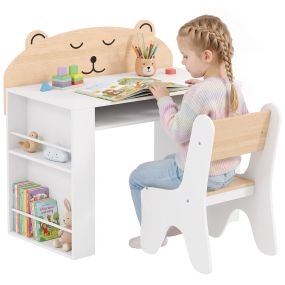 Juego de Mesa Infantil con Silla con Compartimento y 4 Estantes Laterales, Mesa y Silla Infantil Montessori, Diseño de Oso, para 3 a 8 Años, para Estudio, Guardería, Aulas, Blanco y Natural