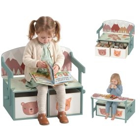 Banco Infantil Convertible 3 en 1, Juego de Mesa y Silla, Baúl de Juguetes con 2 Cajones de Tela, Banco de Almacenaje, Mueble Multifuncional para Niños 3-6 Años, Verde