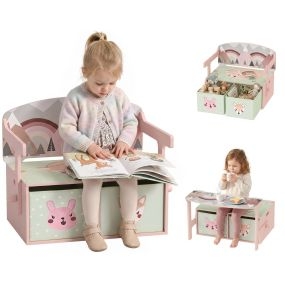 Banco Infantil Convertible 3 en 1, Juego de Mesa y Silla, Baúl de Juguetes con 2 Cajones de Tela, Banco de Almacenaje, Mueble Multifuncional para Niños 3-6 Años, Rosa