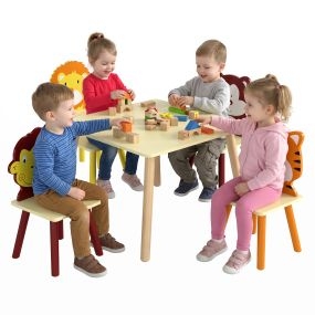 Mesa Infantil con 4 Sillas con Diseños de Animales, Juego de Mesa y Sillas Infantil de Madera 5 Piezas, para Niños y Niñas 3-8 Años, Dibujar, Jugar, para Hogar, Guardería, Aulas, Amarillo