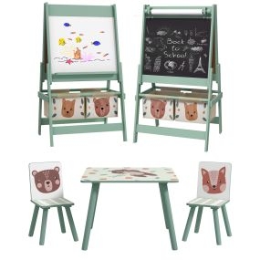 Conjunto para Niños Incluye 1 Mesa con 2 Sillas Infantiles y 1 Caballete 3 en 1 con Cestos de Almacenamiento Diseño de Animales para Dormitorio Sala de Juegos Verde