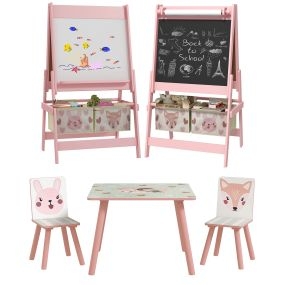 Conjunto para Niños Incluye 1 Mesa con 2 Sillas Infantiles y 1 Caballete 3 en 1 con Cestos de Almacenamiento Diseño de Animales para Dormitorio Sala de Juegos Rosa