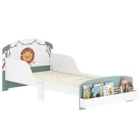 Cama infantil 70x140 cm de madera con almacenaje, protección anticaída, cabecero león, verde