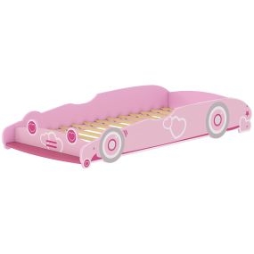 Cama infantil 70x140 cm forma de coche rosa con barrera anticaídas y somier