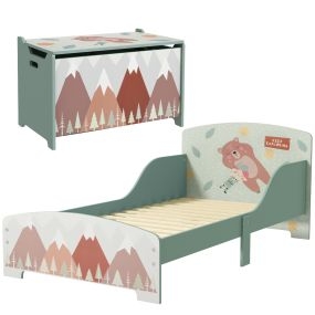 Conjunto infantil de madera con cama 143x77x60 cm y baúl 60x37x39 cm verde