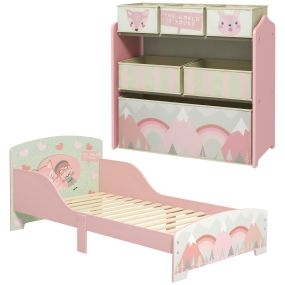 Conjunto infantil de madera con cama con barreras y estantería con 6 cajas extraíbles rosa