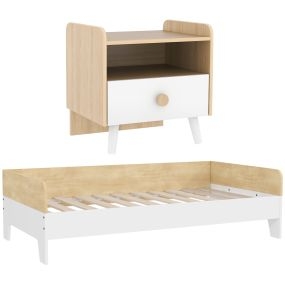Conjunto para Niños Incluye 1 Cama para Niños de +3 Años de Madera 140x70 cm Carga 80 kg y 1 Mesita de Noche Infantil con Cajón y Bordes Redondeados para Dormitorio Blanco y Natural