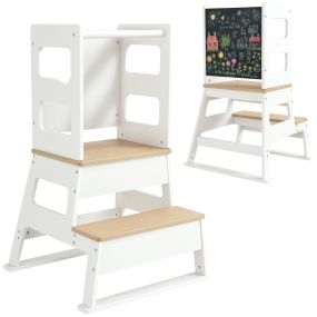 Torre de aprendizaje 2 en 1 para niños 3-6 años con pizarra y barrera de seguridad blanco 55x52,5x87,5 cm