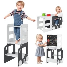 Torre de aprendizaje Montessori 4 en 1 para niños +3 años convertible en mesa y silla con pizarra 58x46x92 cm blanco y gris