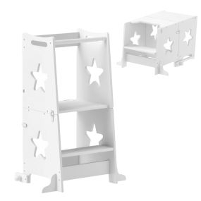 Torre de aprendizaje 2 en 1 convertible en mesa y silla con barra de seguridad 60x44,5x86 cm blanco