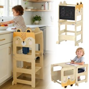 Torre de aprendizaje 3 en 1 plegable convertible en escritorio y silla con pizarra natural