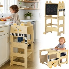 Torre de aprendizaje 3 en 1 plegable convertible en escritorio y silla con pizarra natural