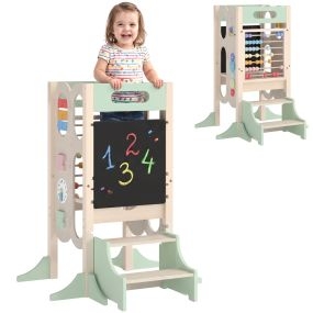 Torre de Aprendizaje 6 en 1 Montessori Plegable con 3 Alturas, Torre de Aprendizaje de Madera con Pizarra, Ábaco, Reloj, Engranajes, Escalones Desmontables, para Baño, Cocina, 2-6 Años, Verde
