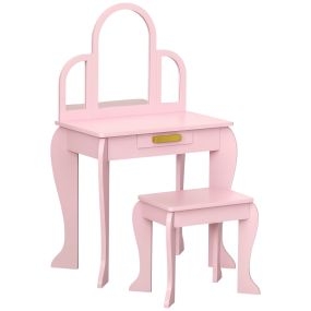 Tocador infantil de madera rosa con espejo y taburete para niña de 3 a 6 años