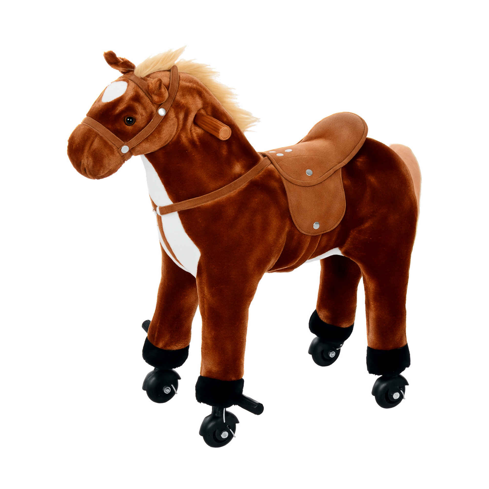 Caballo de juguete con ruedas, sonidos, estructura de metal, 60 kg, 65x28x75 cm, marrón, +2 años