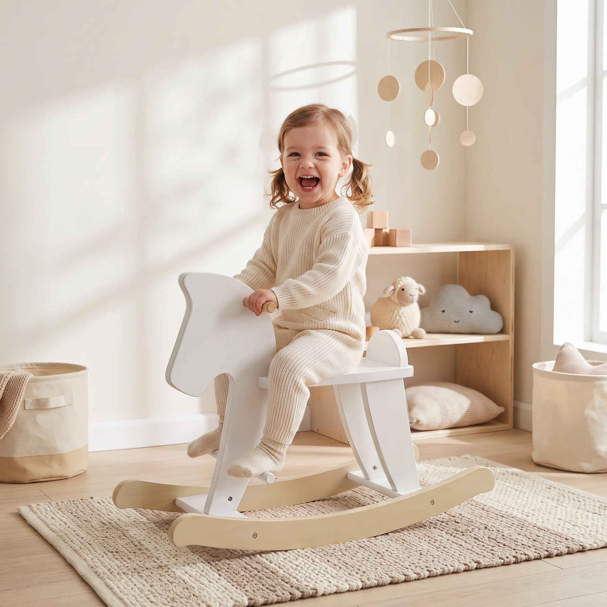 Caballito balancín para bebés con base de madera, blanco, para niños de 1 a 3 años