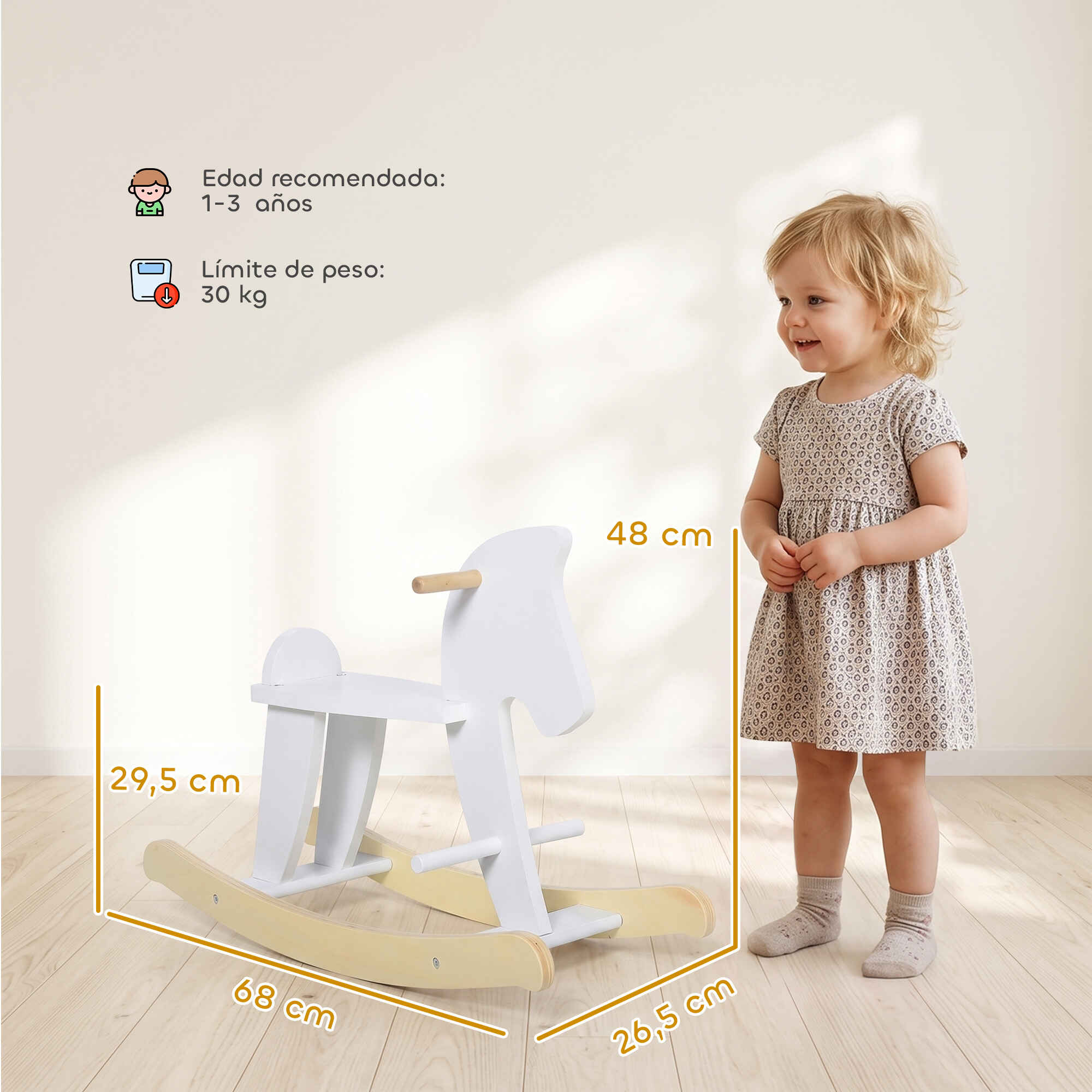 Caballito balancín para bebés con base de madera, blanco, para niños de 1 a 3 años