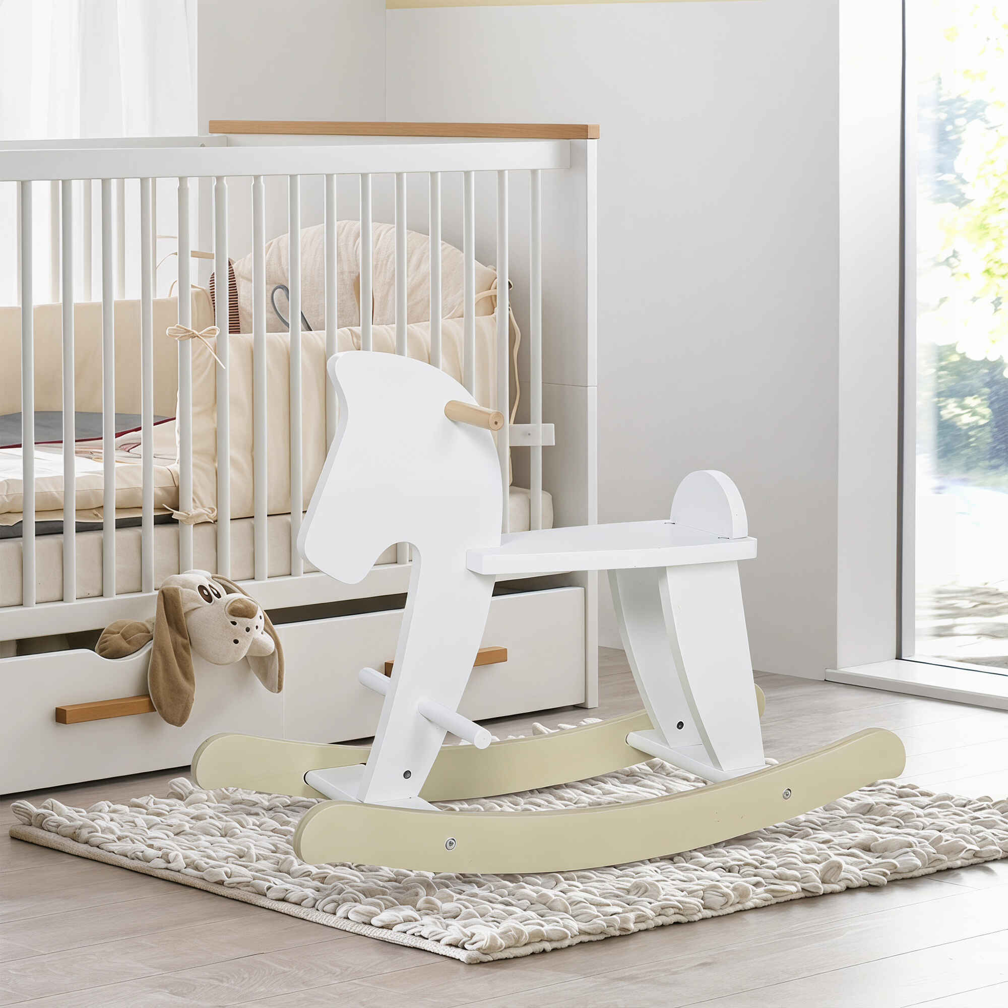 Caballito balancín para bebés con base de madera, blanco, para niños de 1 a 3 años