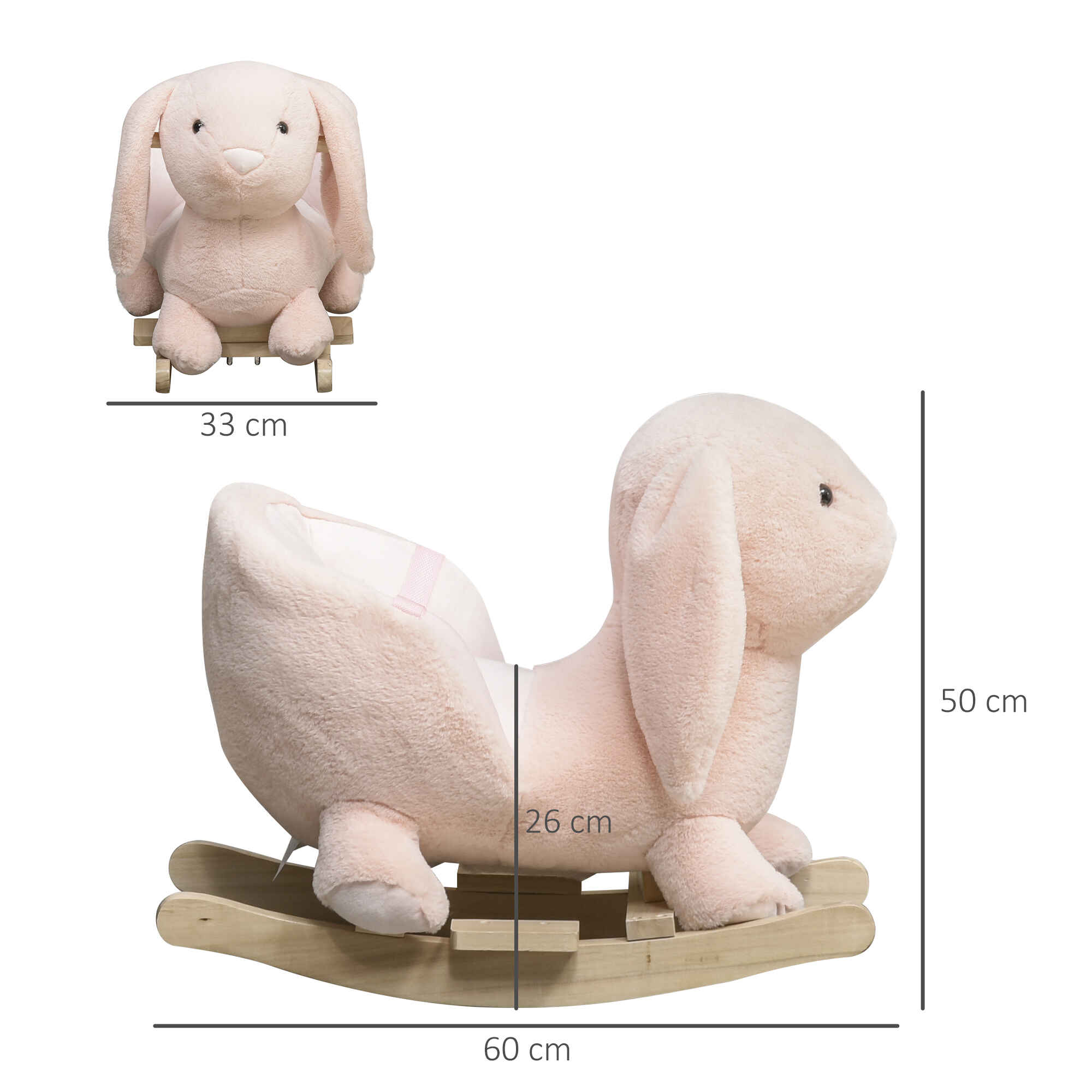 Caballito balancín infantil forma de conejo de felpa rosa 60x33x50 cm con sonido y seguridad
