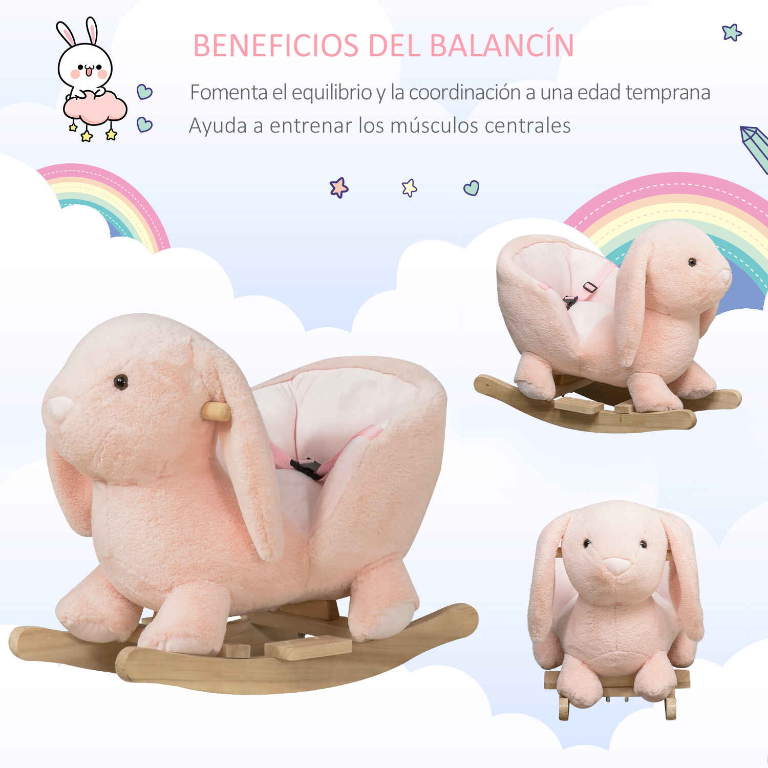 Caballito balancín infantil forma de conejo de felpa rosa 60x33x50 cm con sonido y seguridad