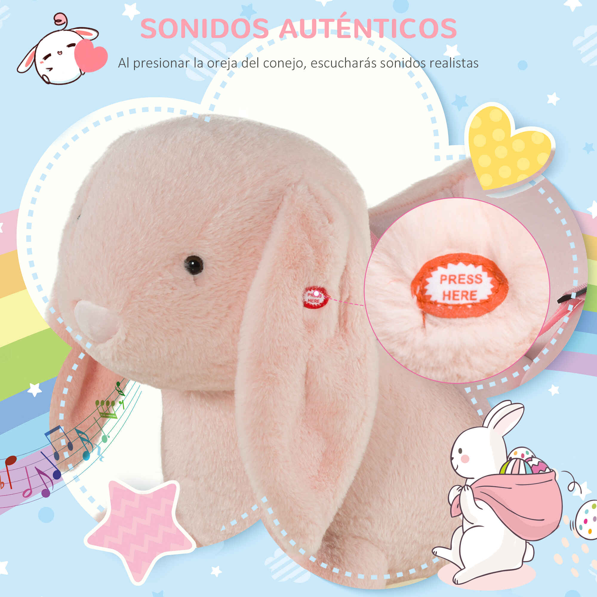 Caballito balancín infantil forma de conejo de felpa rosa 60x33x50 cm con sonido y seguridad